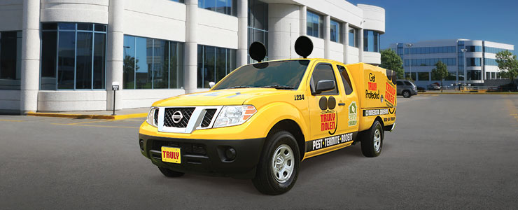 A Truly Nolen mouse truck in front of a building